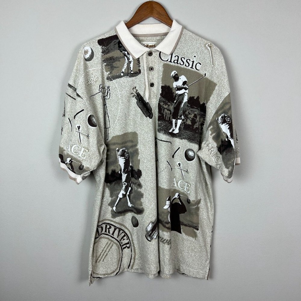 Golfsmith Polo Shirt Mens XXL Beige Golf All Over Print Short Sleeve Classic Ace